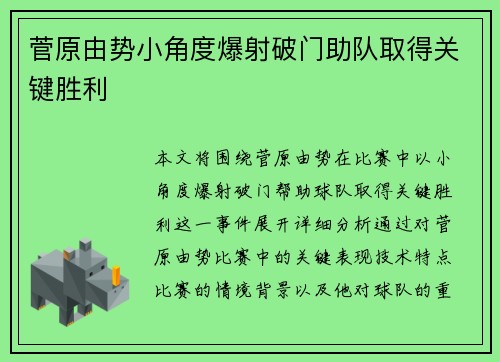 菅原由势小角度爆射破门助队取得关键胜利